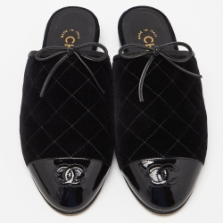 Chanel Black Quilted Velvet and Patent Cap Toe CC Bow Flat Mules Size 36