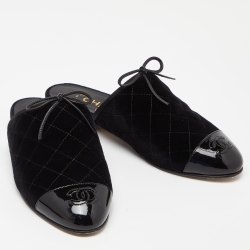 Chanel Black Quilted Velvet and Patent Cap Toe CC Bow Flat Mules Size 36