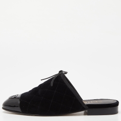 Chanel Black Quilted Velvet and Patent Cap Toe CC Bow Flat Mules Size 36