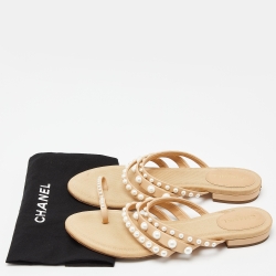 Pre Owned Chanel Beige Leather Pearl Embellished Toe Ring Flat Sandals Size 36