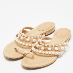 Pre Owned Chanel Beige Leather Pearl Embellished Toe Ring Flat Sandals Size 36