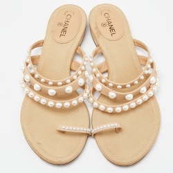 Pre Owned Chanel Beige Leather Pearl Embellished Toe Ring Flat Sandals Size 36