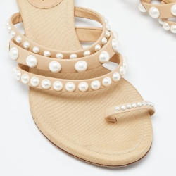 Pre Owned Chanel Beige Leather Pearl Embellished Toe Ring Flat Sandals Size 36
