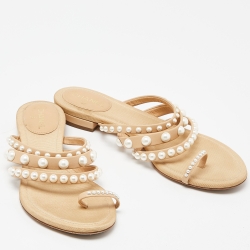 Pre Owned Chanel Beige Leather Pearl Embellished Toe Ring Flat Sandals Size 36