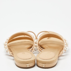 Pre Owned Chanel Beige Leather Pearl Embellished Toe Ring Flat Sandals Size 36