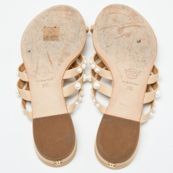 Pre Owned Chanel Beige Leather Pearl Embellished Toe Ring Flat Sandals Size 36