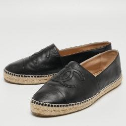 Chanel Black Leather CC Espadrille Ballet Flats Size 42