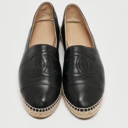 Chanel Black Leather CC Espadrille Ballet Flats Size 42