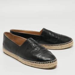 Chanel Black Leather CC Espadrille Ballet Flats Size 42