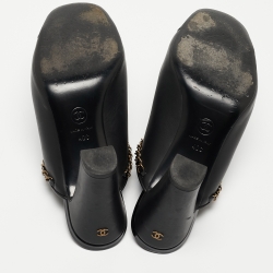 Chanel Black Leather and Patent Cap Toe Chain Link CC Mules Size 40