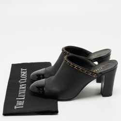 Chanel Black Leather and Patent Cap Toe Chain Link CC Mules Size 40