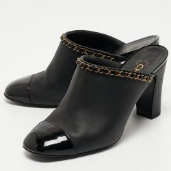 Chanel Black Leather and Patent Cap Toe Chain Link CC Mules Size 40