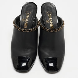 Chanel Black Leather and Patent Cap Toe Chain Link CC Mules Size 40
