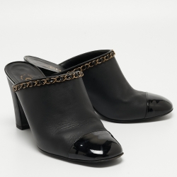 Chanel Black Leather and Patent Cap Toe Chain Link CC Mules Size 40