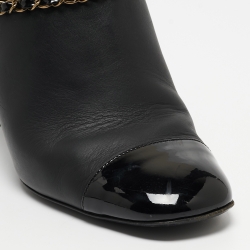 Chanel Black Leather and Patent Cap Toe Chain Link CC Mules Size 40