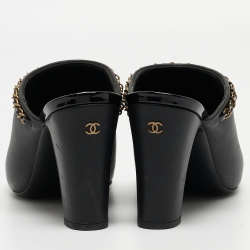 Chanel Black Leather and Patent Cap Toe Chain Link CC Mules Size 40