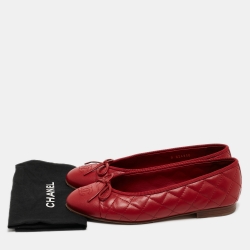Pre Owned Chanel Red Leather CC Cap Toe Ballet Flats Size 38