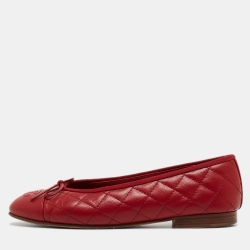 Pre Owned Chanel Red Leather CC Cap Toe Ballet Flats Size 38