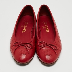 Pre Owned Chanel Red Leather CC Cap Toe Ballet Flats Size 38