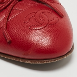 Pre Owned Chanel Red Leather CC Cap Toe Ballet Flats Size 38