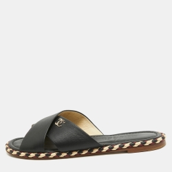 مملوكة مسبقًا Chanel Black Leather CC Braided Slide Flats Size 38