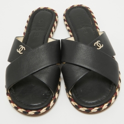 مملوكة مسبقًا Chanel Black Leather CC Braided Slide Flats Size 38