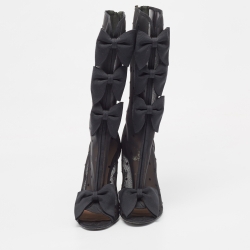 Chanel Black Mesh and Canvas Bow Embellished  Calf length Boots Size 39