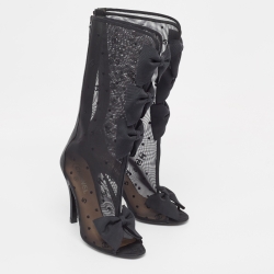 Chanel Black Mesh and Canvas Bow Embellished  Calf length Boots Size 39