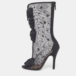 Chanel Black Mesh and Canvas Bow Embellished  Calf length Boots Size 39
