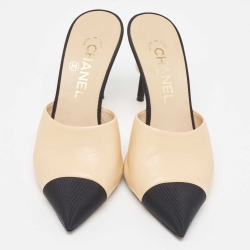 Pre Owned Chanel Beige/Black Leather and Fabric CC Faux Pearl Heel Mules Size 36.5