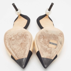 Pre Owned Chanel Beige/Black Leather and Fabric CC Faux Pearl Heel Mules Size 36.5