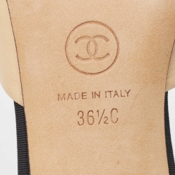 Pre Owned Chanel Beige/Black Leather and Fabric CC Faux Pearl Heel Mules Size 36.5