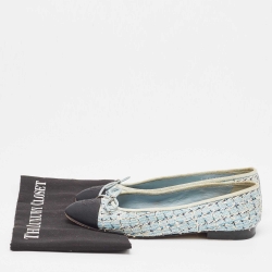 Pre Owned Chanel Blue/Black Canvas and Lurex Fabric CC Ballet Flats Size 38.5