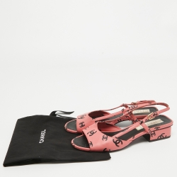 Pre Owned Chanel Pink/Black CC Print Leather Slingback Sandals Size 37.5