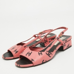 Pre Owned Chanel Pink/Black CC Print Leather Slingback Sandals Size 37.5