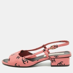Pre Owned Chanel Pink/Black CC Print Leather Slingback Sandals Size 37.5