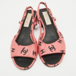 Pre Owned Chanel Pink/Black CC Print Leather Slingback Sandals Size 37.5