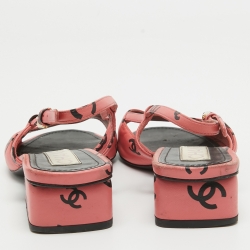 Pre Owned Chanel Pink/Black CC Print Leather Slingback Sandals Size 37.5