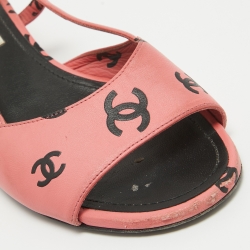 Pre Owned Chanel Pink/Black CC Print Leather Slingback Sandals Size 37.5