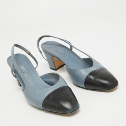 Pre Owned Chanel Blue/Black Leather CC D'orsay Slingback Pumps Size 40