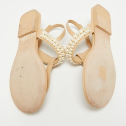 Chanel Beige Leather Faux Pearl Embellished CC Thong Slingback Flat Sandals Size 37.5