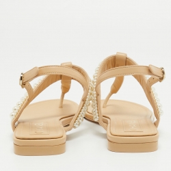 Chanel Beige Leather Faux Pearl Embellished CC Thong Slingback Flat Sandals Size 37.5