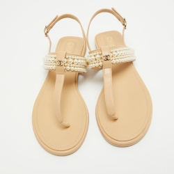 Chanel Beige Leather Faux Pearl Embellished CC Thong Slingback Flat Sandals Size 37.5