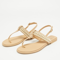 Chanel Beige Leather Faux Pearl Embellished CC Thong Slingback Flat Sandals Size 37.5