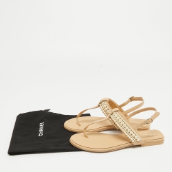 Chanel Beige Leather Faux Pearl Embellished CC Thong Slingback Flat Sandals Size 37.5