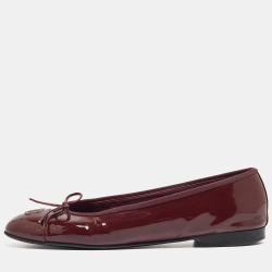 Pre Owned Chanel Burgundy Patent Leather CC Bow Ballet Flats Size 41 