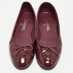 Pre Owned Chanel Burgundy Patent Leather CC Bow Ballet Flats Size 41 