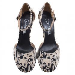 Chanel Monochrome Silhouette Printed Fabric Ankle Strap D'orsay Pumps Size 37.5 