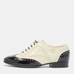 Chanel Black/White Patent Interlocking Logo Oxfords Size 38.5