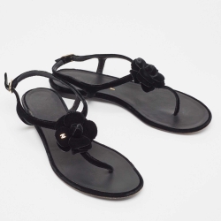 Pre Owned Chanel Black Velvet Camellia Thong Flats Size 38